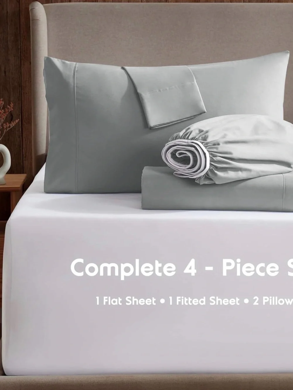 Nestl Full Bed Sheets Set Light Grey 4pc Deep Pocket Fitted Flat Pillowcases NEW